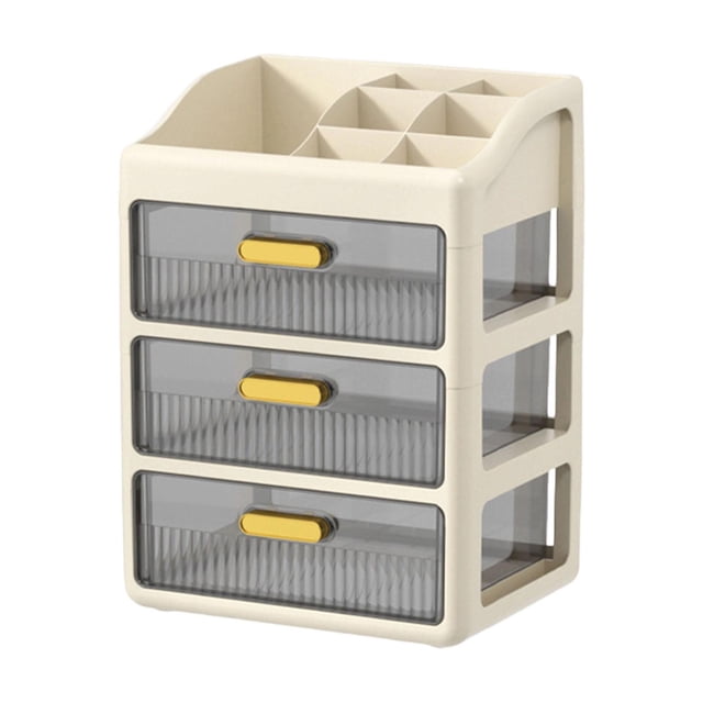 Organizador de escritorio, organizador de maquillaje, almacenamiento de cosméticos con compartimentos y cajones. Marrón cremoso de 3 niveles