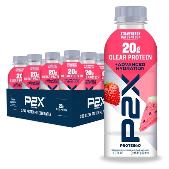 Protein2o P2X Advanced Hydration Clear Protein Drink, Strawberry Watermelon, 20g Protein, 710mg Electrolytes, 0g Sugar, 12 Count, 16.9 Fl Oz