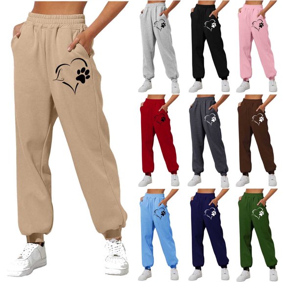 Lovzfmll Jogger Pants for Women, Heart Paw Print Casual Drawstring with Pocket, Loose Ankle Length Joggers Khaki, S