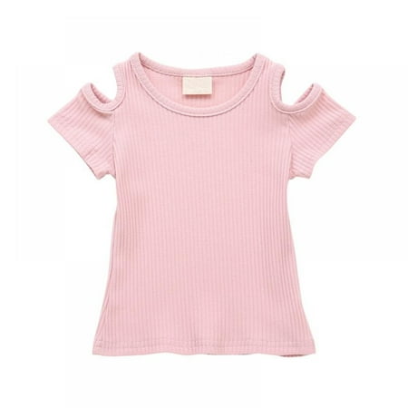 

Lovebay Toddler Baby Girl Ribbed Short Sleeve Off-Shoulder Top T-Shirt Summer Clothes 12-18 Months