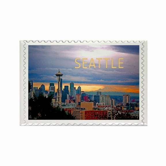 CafePress - Seattle Skyline At Sunset Stamp - Rectangle Magnet, 2"x3" Refrigerator Magnet