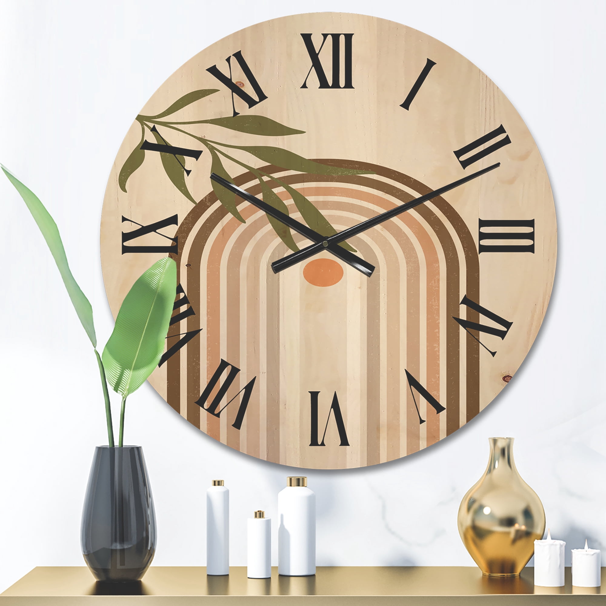 Designart 'Abstract Moon and Sun With Green Leaf I' Modern Wood Wall Clock
