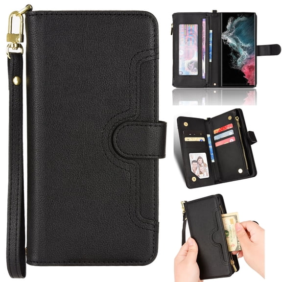 Magnetic Wallet Case Designed for Samsung Galaxy Xcover 5 Case, PU Leather Zipper Folio Protective Case with Magnetic Closure & Card Holder & Crossbody Strap for Samsung Galaxy Xcover 5,Black