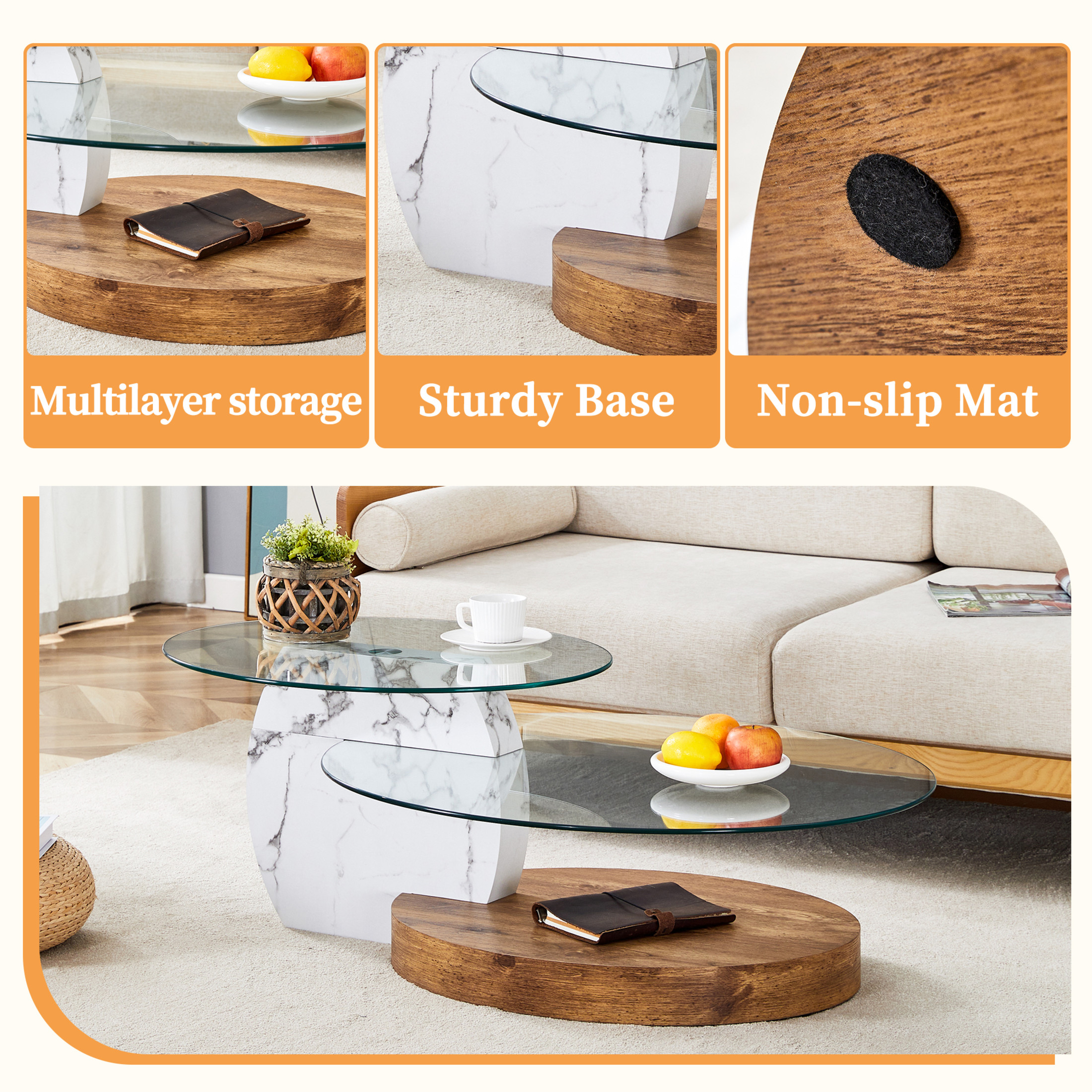 Noble House 47" Contemporary Double-Layer Coffee Table, Marble & Tempered Glass Table Top, Wood Grain Base, White