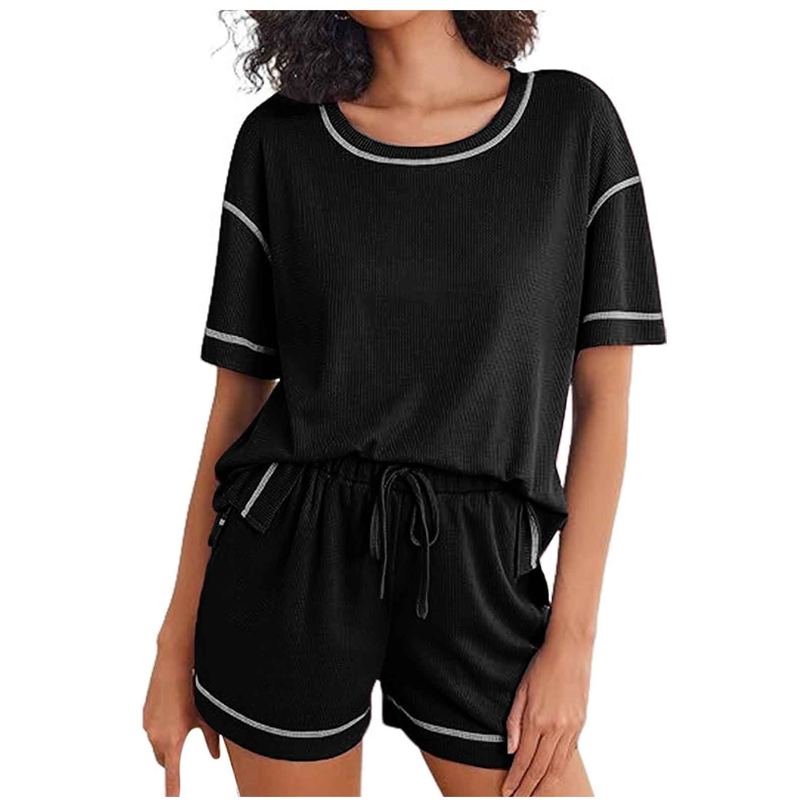 JHLZHS Short Sets for Women 2 Piece Summer Women Fashion Casual Suit Short Sleeve Tops Shorts Pajamas Suit Two Piece Set Short Sets for Women 2 Piece