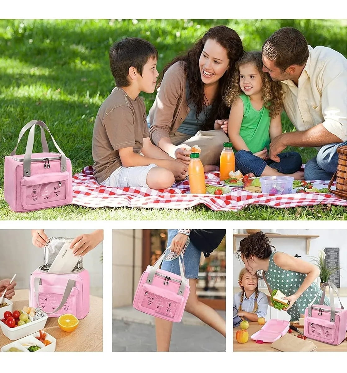 Lunch Bag Insulated Cold Stripe Picnic Carry Case Thermal Portable Lunch  Box Bento Pouch Lunch Container Food Storage Bags-Pink 