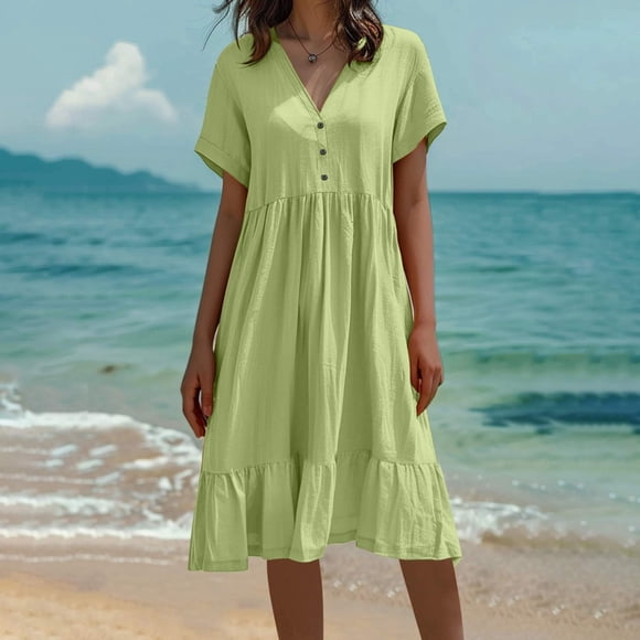 Gspmoly Dresses for Women Plus Size, Women'S Solid Color Patchwork Pleated Short Sleeved V-Neck Knee Length Dress Formal Dresses for Women Deals