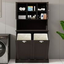 Two-Compartment Tilt-Out Dirty Laundry Basket Tall Bathroom Cabinet with 2 Adjustable Shelves-Black