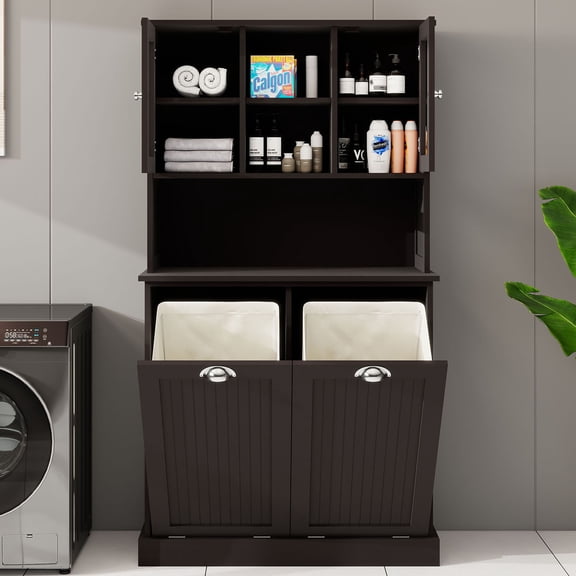 Two-Compartment Tilt-Out Dirty Laundry Basket Tall Bathroom Cabinet with 2 Adjustable Shelves-Black