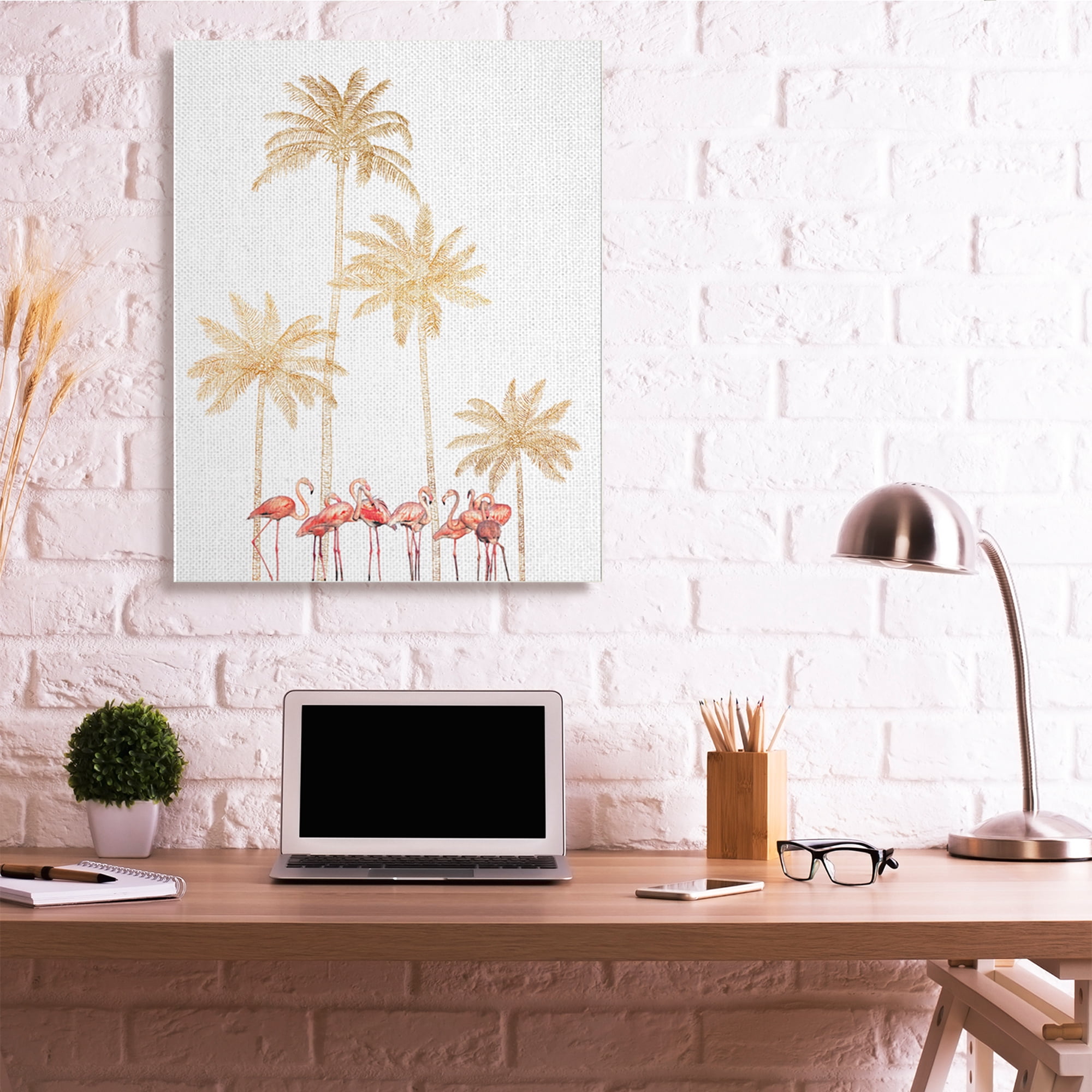 Stupell Industries Pink Flamingos Tropical Gold Outline Palm Trees Canvas Wall Art, 36 x 48, Design by Ziwei Li