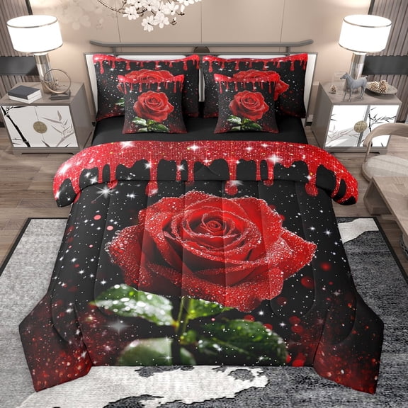 Homewish Valentine'S Day Rose 7-Piece Twin Bedding Sets,Romance Flower Floral Bedding Comforter Set,Black Red Sheet Sets For Men Women,Luxury Bedroom Decor Reversible