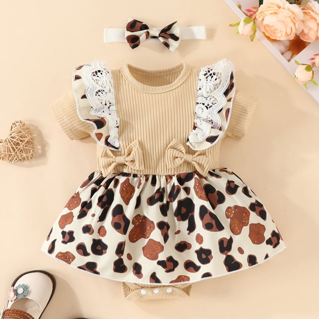 WERYOUNG Combinaison une-Pièce Filles Garçons Été Dentelle à Volants Manches Courtes Imprimé Floral Barboteuse Côtelée Justaucorps Robe Bandeaux Ensemble Filles Tenue Décontractée Quotidienne Justaucorps, Blanc, 12-18 Mois