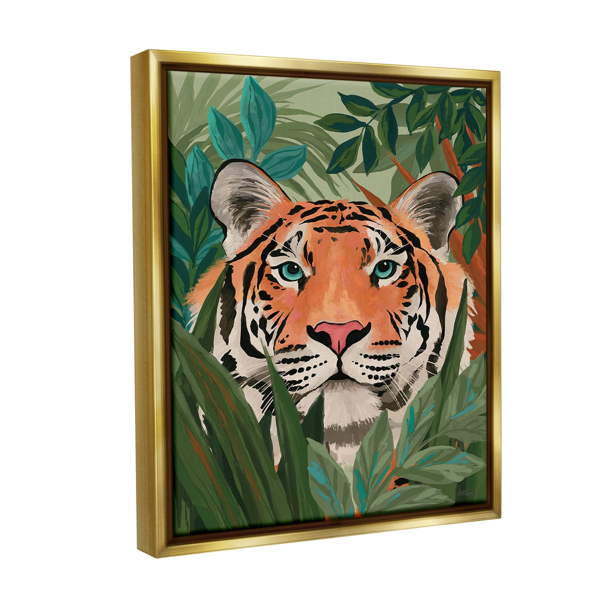 Stupell Industries Tiger Peeking in Leaves Animals & Insects Painting Gold Floater Framed Canvas Art Print Wall Art, 17 x 21