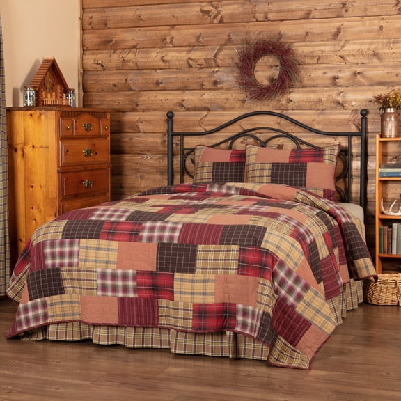 VHC Brands Wyatt Plaid Cotton Rustic Pre-Washed Quilt Sham Twin Bedding Accessory, Set, Patchwork Tan