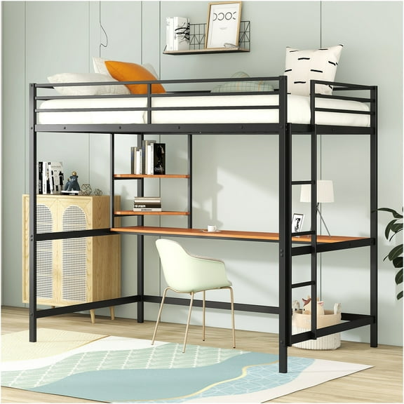 JERFIT Full Loft Bed with Desk, Shelf, Black