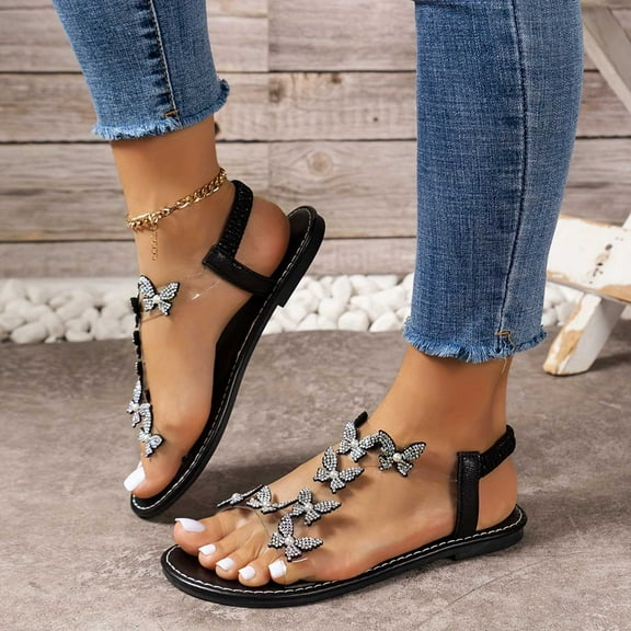 WIZUTIZ Flat Sandals for Women Dress Sandals for Women Running Comfortable Stretchy Jeweled Sandals Pull-On Summer Shoes Low Heel (1"-2") Wide Solid Sandals for Lady Mother's Day Gifts Black