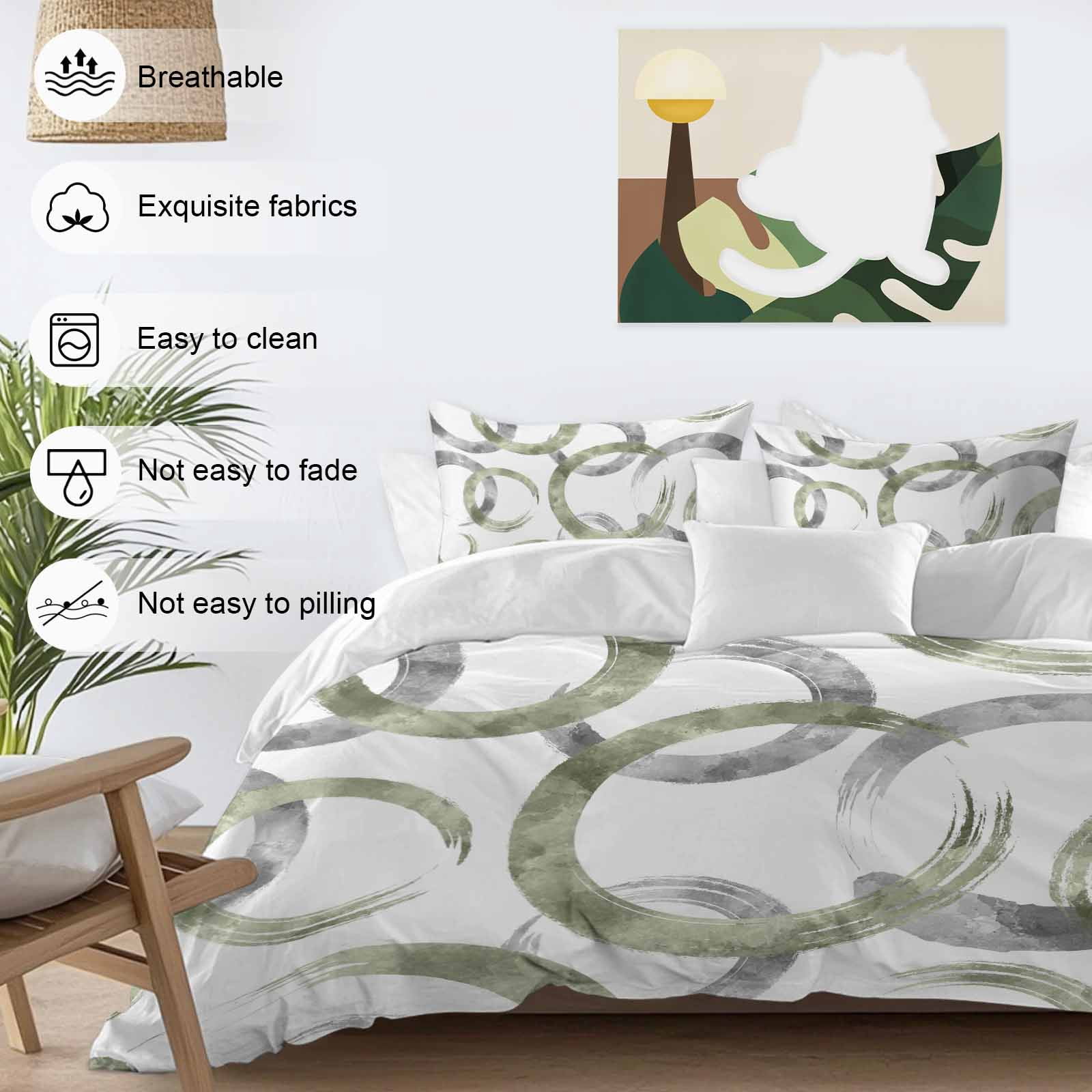 Sage Green Grey Bedding 3 Piece Duvet Cover Set Twin Size, Geometric Circle Modern Abstract Simple Art Soft Microfiber Comforter Cover with Zipper Closure & Pillowcases, FadeResistant Quilt Cover
