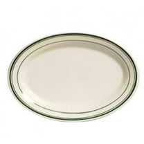 Tuxton China TGB-013 Green Bay 11.63 in. x 8 in. Wide Rim Rolled Edge Oval Platter - American White with Green Band - 1 Dozen