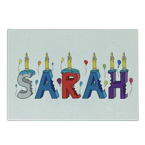 Sarah Cutting Board, Celebratory Birthday Girl Name Lettering with Colorful Letters and Balloons, Decorative Tempered Glass Cutting and Serving Board, Small Size, Multicolor, by Ambesonne