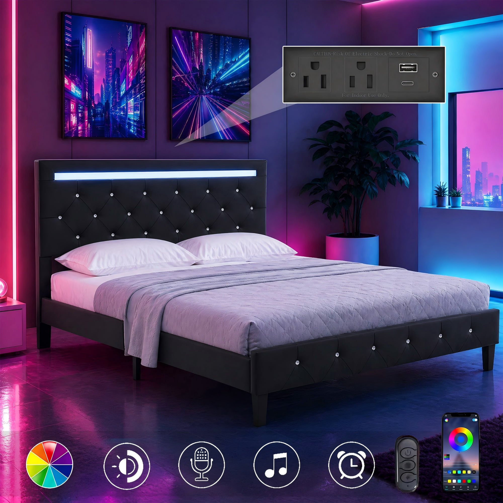BSHTI Queen Size Faux Leather Upholstered Bed Frame with LED Lights, Adjustable Diamond Headboard, Charging Station for Bedroom(Black)
