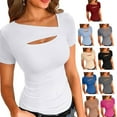 thumbnail image 5 of Womens Short Sleeve Front Cut Out Tops Tight Fitting Tees Tshirt Casual Trendy T-Shirt Going Out Tops Summers Clothes, 5 of 6