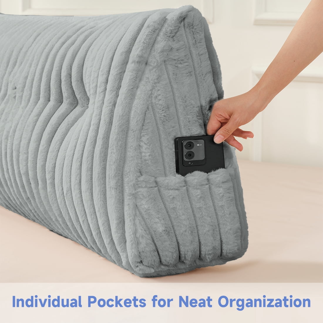 Z-Hom Full Faux Fur Large Backrest Wedge Pillow with Side Pockets, Triangular Headboard Pillow Bed Rest Reading Pillow with 2 Neck Roll Pillow(Gray, 54"x20"x8")