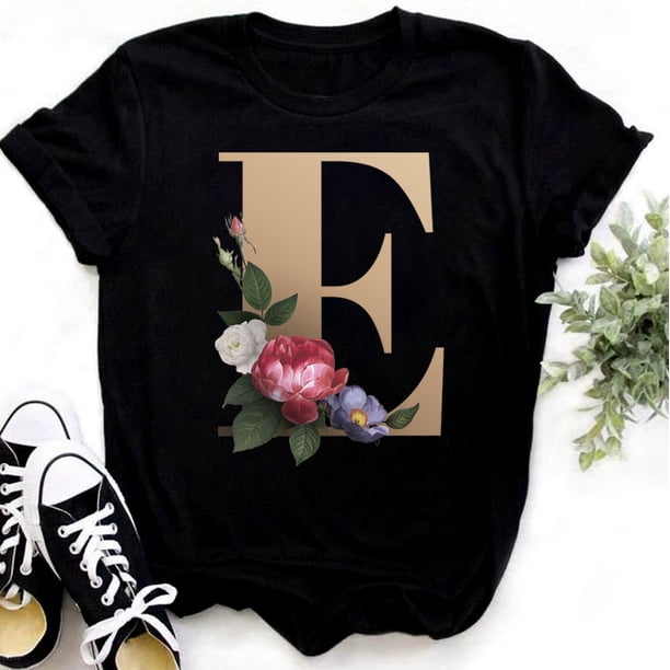 Nombre personalizado letra combinación moda mujer camiseta flor letra fuente ABCDEFG manga corta Tops negro camiseta ropa Tan Jianjun unisex