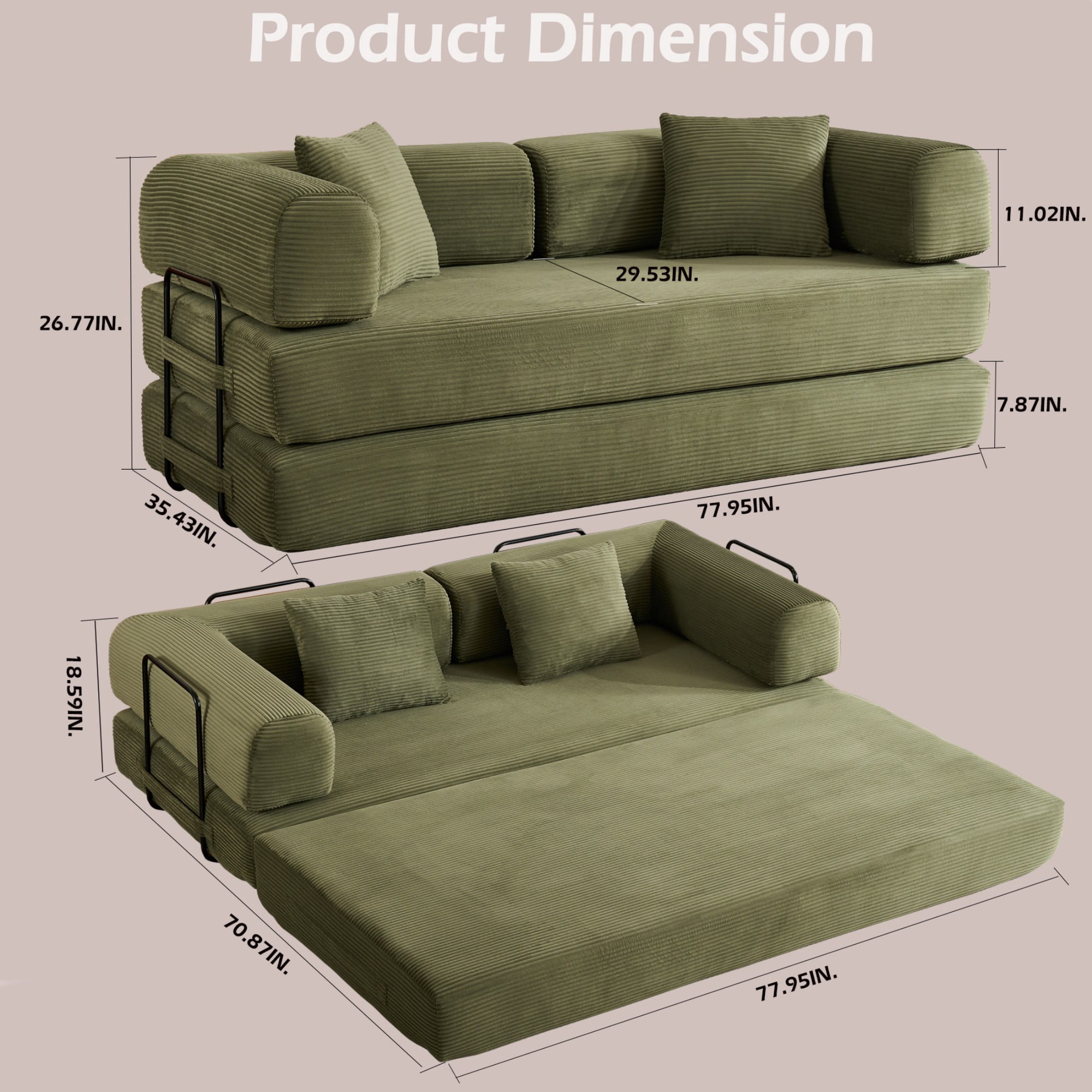 BSHTI 77" Corduroy Convertible Sleeper Sofa Bed with Cylindrical Pillow, No Assembly, Small Space for Living Room（Green）