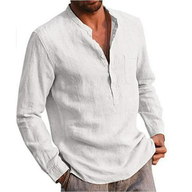 Gran oferta de camisas de manga larga de algodón y lino para hombre, cuello alto de Color sólido de verano, estilo playero informal de talla grande Tan Jianjun unisex