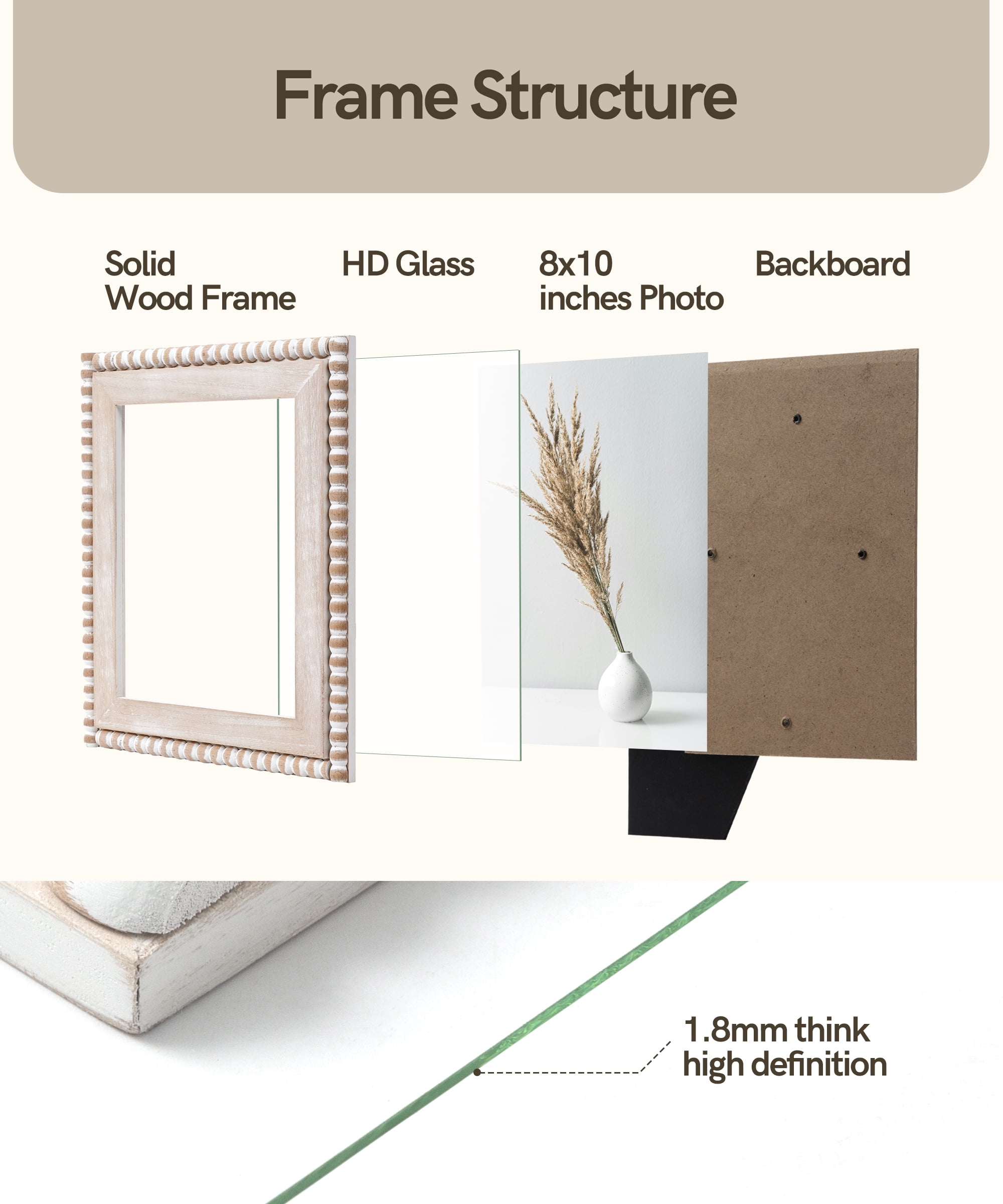 Afuly 8X10 Farmhouse Picture Frame Bohemian White Beads Photo Frame Wooden Worn Wall Mounted Tabletop Vertical Decoration Gift for Family, Couple, Friends