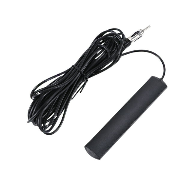 eeasemx antena fm universal para radio de coche ant-309 antena negra rectangular delgada con cable largo enrollado y conector metálico, vista en diagonal; montaje no direccional en parabrisas para amplificar señal FM en coche, barco o RV, tamaño 500 x 2.5 x 0.5 cm.