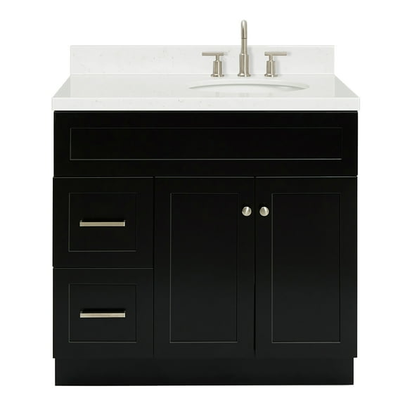 Ariel Hamlet 36 In. Right Offset Oval Sink Bathroom Vanity With Carrara White Quartz Countertop 1.5 Edge In Black