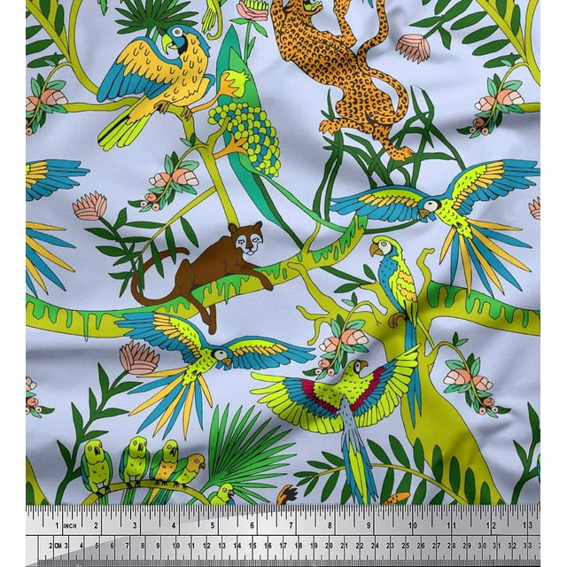 Soimoi Modal Satin Fabric Branches,Parrot & Leopard Jungle Print Fabric by Yard 42 Inch Wide