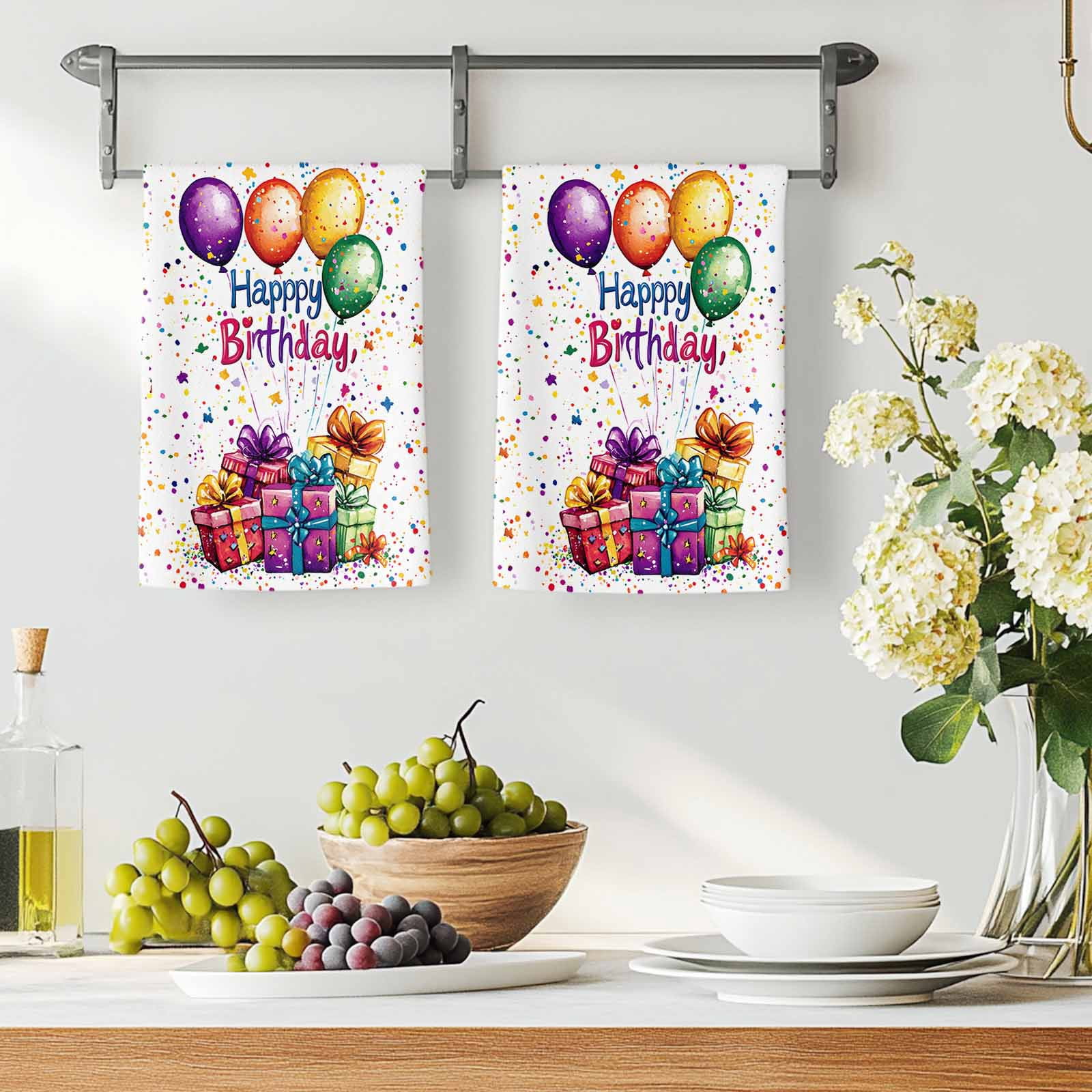 Happy Birthday Kitchen Towels Set of 2, Colorful Balloon Gifts Patterns Soft Microfiber Dish Towels, Absorbent Quick-Dry Washable Dishcloths for Kitchen Cleaning, Drying Dishes, 18x28 Inches