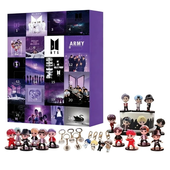 B-T-S Advent Calendar 2025, 24 Days Christmas Countdown Calendar with 3D Acrylic Iconic Character Collectibles Xmas Trees Ornaments Gifts for Hip Hop Fans