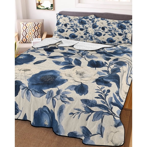 Navy Blue Beige Peony Queen Size Down Alternative Comforter, Lightweight Comforter Quilt Bedding Set with Pillow Shams Vintage Floral Blossom Botanical All Seasons Bed Comforter Duvet Insert 90"x96"