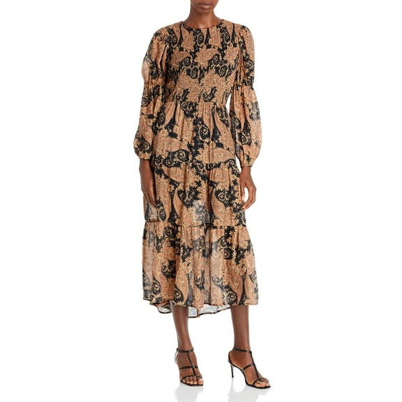 Aqua Womens Smocked Paisley Midi Dress