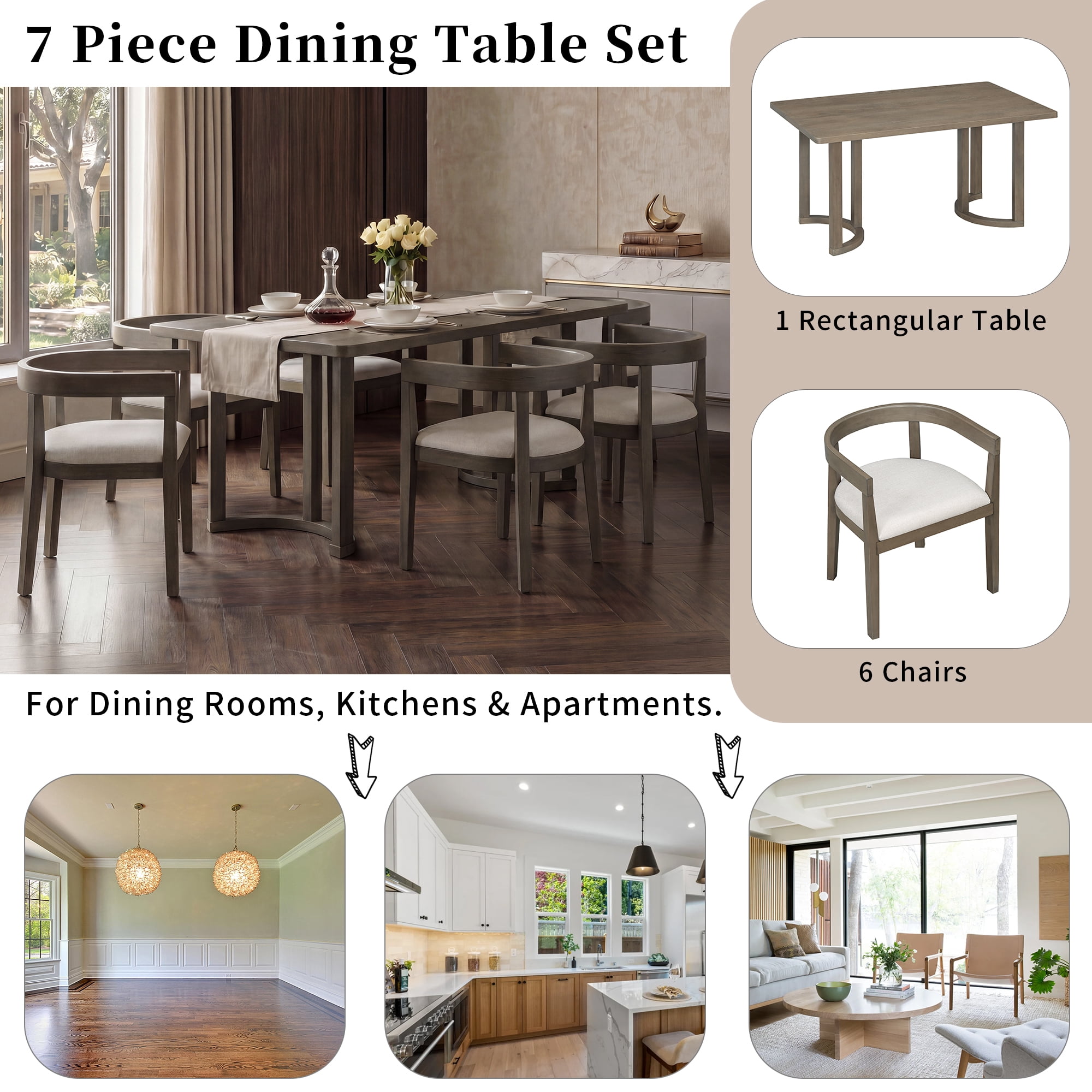 7 Piece Dining Table Set for 6, 59" Rectangular Dining Table with 6 Upholstered Barrel-Back Chairs