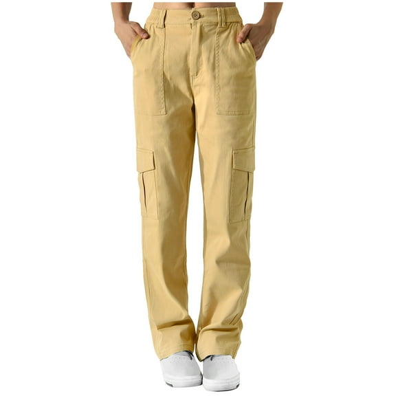 Women's Trendy Casual Long Pants Button Elastic Waist Straight Leg Multi Pockets Solid Cargo Pants Khaki,XL