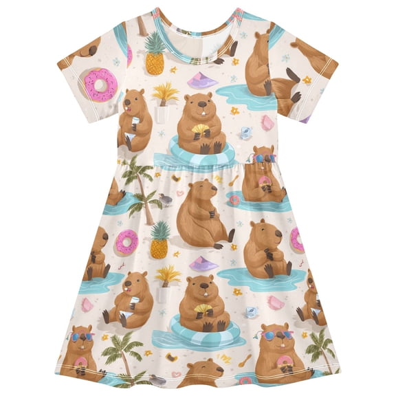 Cute Cartoon Capybaras Short Sleeve Dress A-Line Cute Midi Casual Sundress 2-8 Years