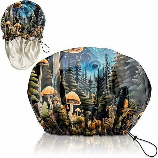 wonima11 Luxury Shower Cap Adjustable Reusable Double Waterproof Layer Elastic Satin Lined Hair Bath Cap Cute Aesthetic Women Girls-Blue Mushroom