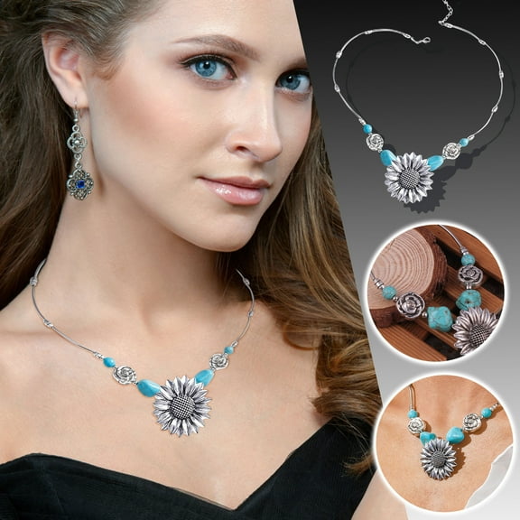 Dademeo Valentines Day Gifts Boho Turquoise Sunflower Pendant Necklace for Women Vintage Chunky Ethnic Tribal Beaded Necklace Jewelry for Her Girlfriend Wife Mom Anniversary Birthday Gifts