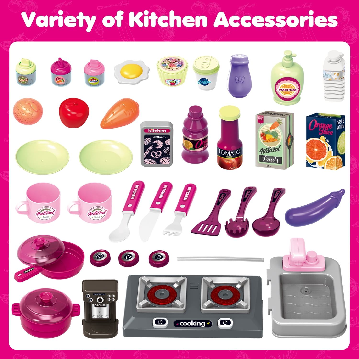 Hot Bee 34 inch Play Kitchen Toy Sets for Girls, Cooking Stove, Play Sink, Oven w/ Realistic Lights&Sounds, Birthday Christmas Toys Gift for Toddlers Girls Boys 3 4 5 6+
