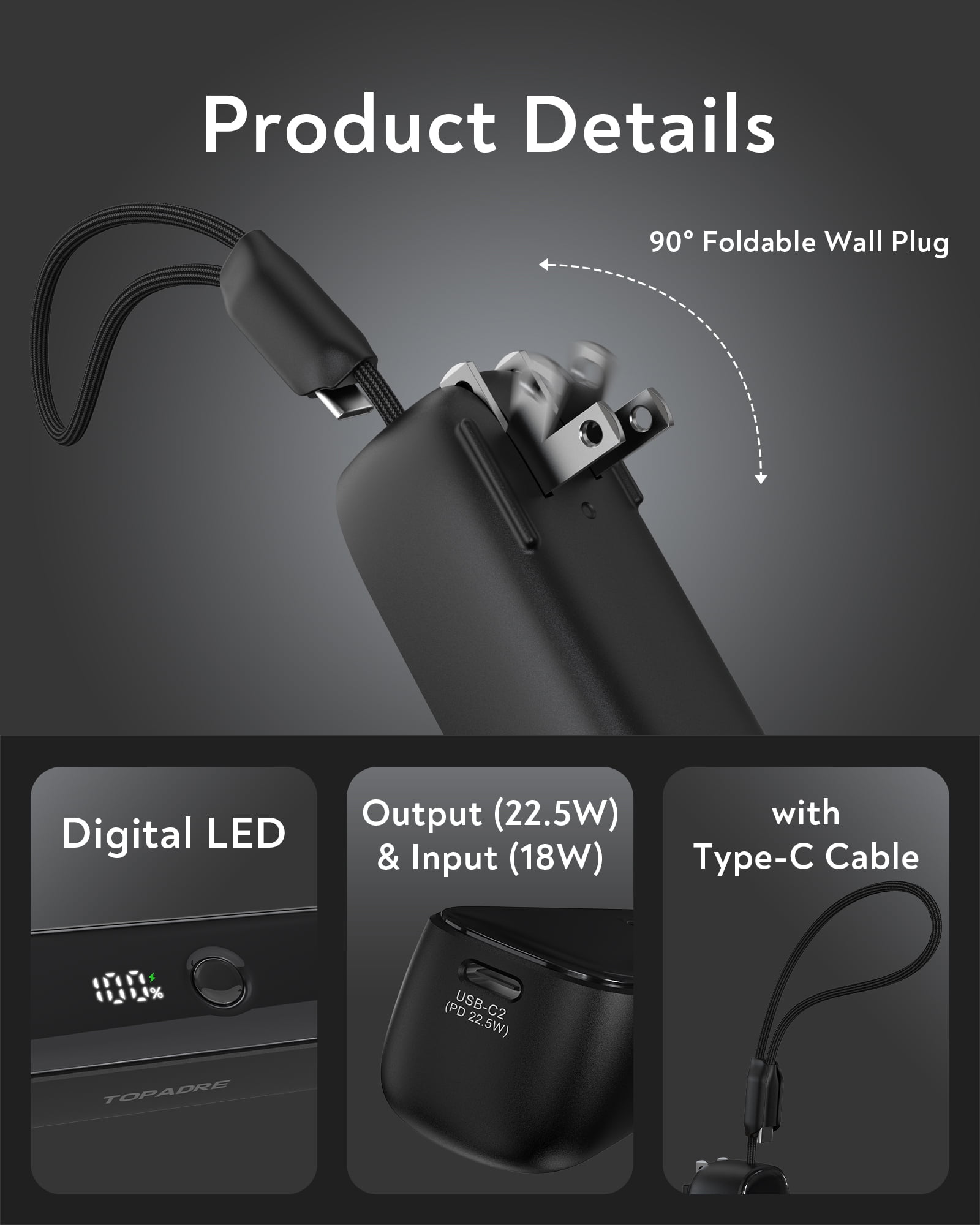 TOPADRE 22.5W Power Bank, 5000mAh Portable Charger with Built-in USB-C Cable, Foldable Plug, Dual Type-C Ports, Black