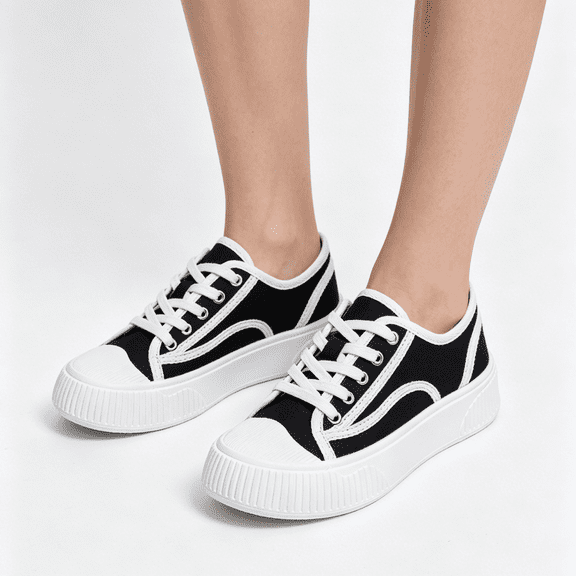 HTHLVMD Color Block Canvas Shoes, Stitching Casual Sneakers, Women's Canvas Sneakers Fashion Low Top Platform Walking Shoes Lace-Up Casual Comfort Tennis Shoes for Daily Wear, Black 5