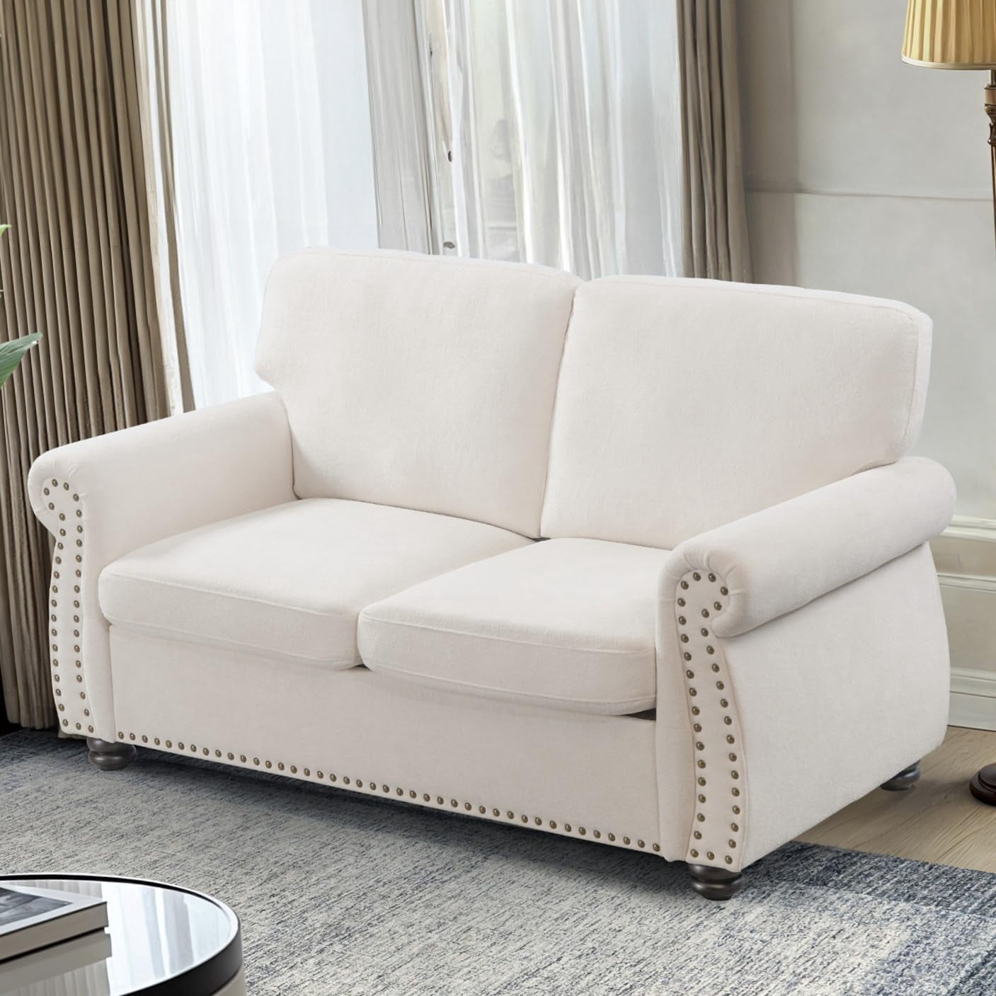 US Pride Furniture 65 in. Wide Rolled Arm Velvet Modern Rectangle Loveseat in Ivory For Home