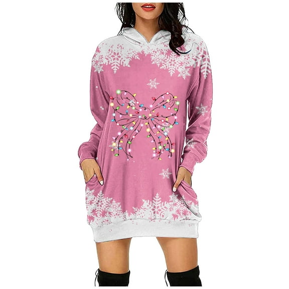 Christmas Dresses for Women Christmas Outfits for Girls Women's Christmas Printed Long Sleeved Hooded Sweatshirt With Pocket Hoodie Pullover Dress Hoodie