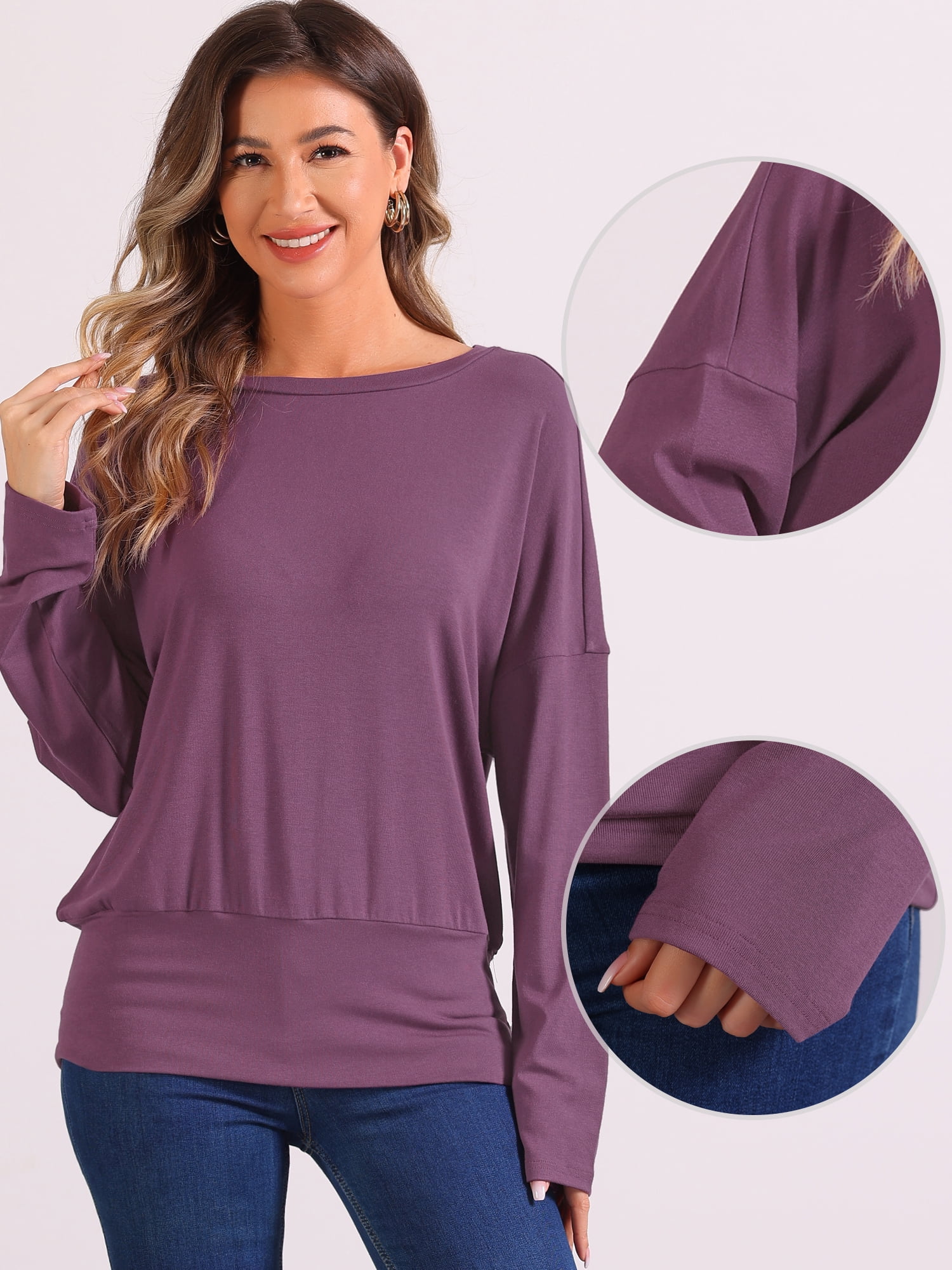 DARING DIVA Women's Casual Long Sleeve Knit Drop Shoulder Loose Blouses XS Plum Purple