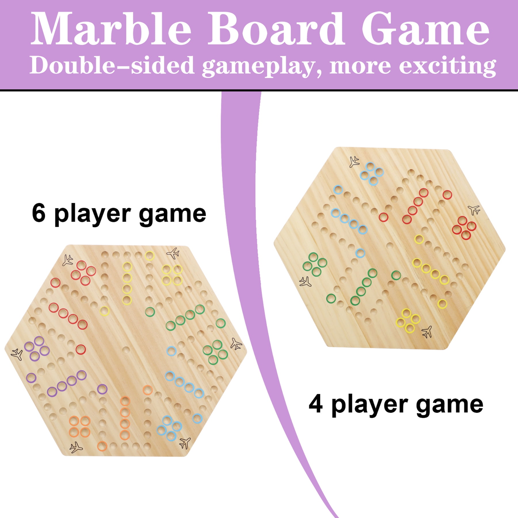 Grhonior Original Marble Game Wahoo Board Game Double Sided Painted Wooden Fast Track Board Game for 6 and 4 Players 6 Colors 24 Marbles 6 Dice for Family Friends