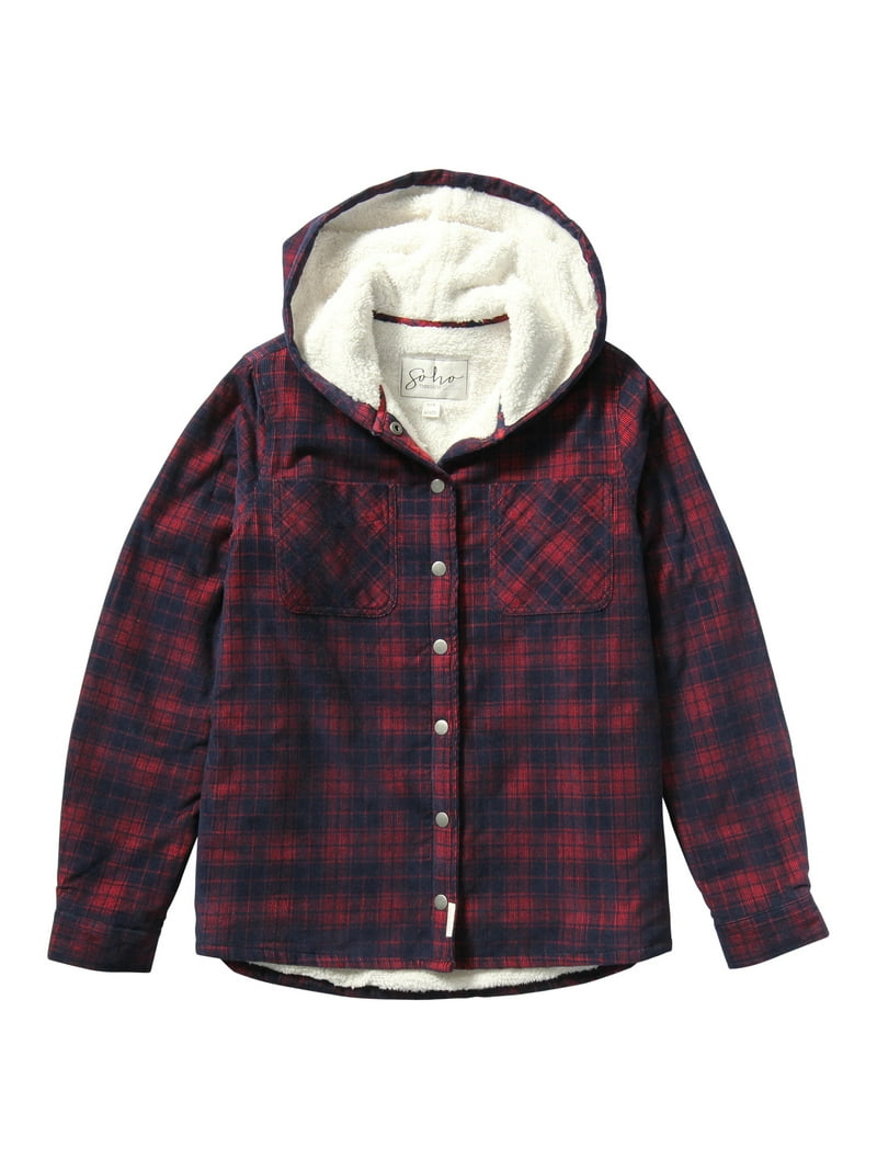 Soho Threads Womens Hooded Sherpa Shirt Jacket Blue Red Plaid XXL